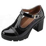 ANUFER Damen Mittlerer Blockabsatz T-Riemen Brogues Pumps Mary...